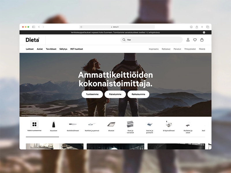 Front page of the Dieta b2b e-commerce website on desktop browser