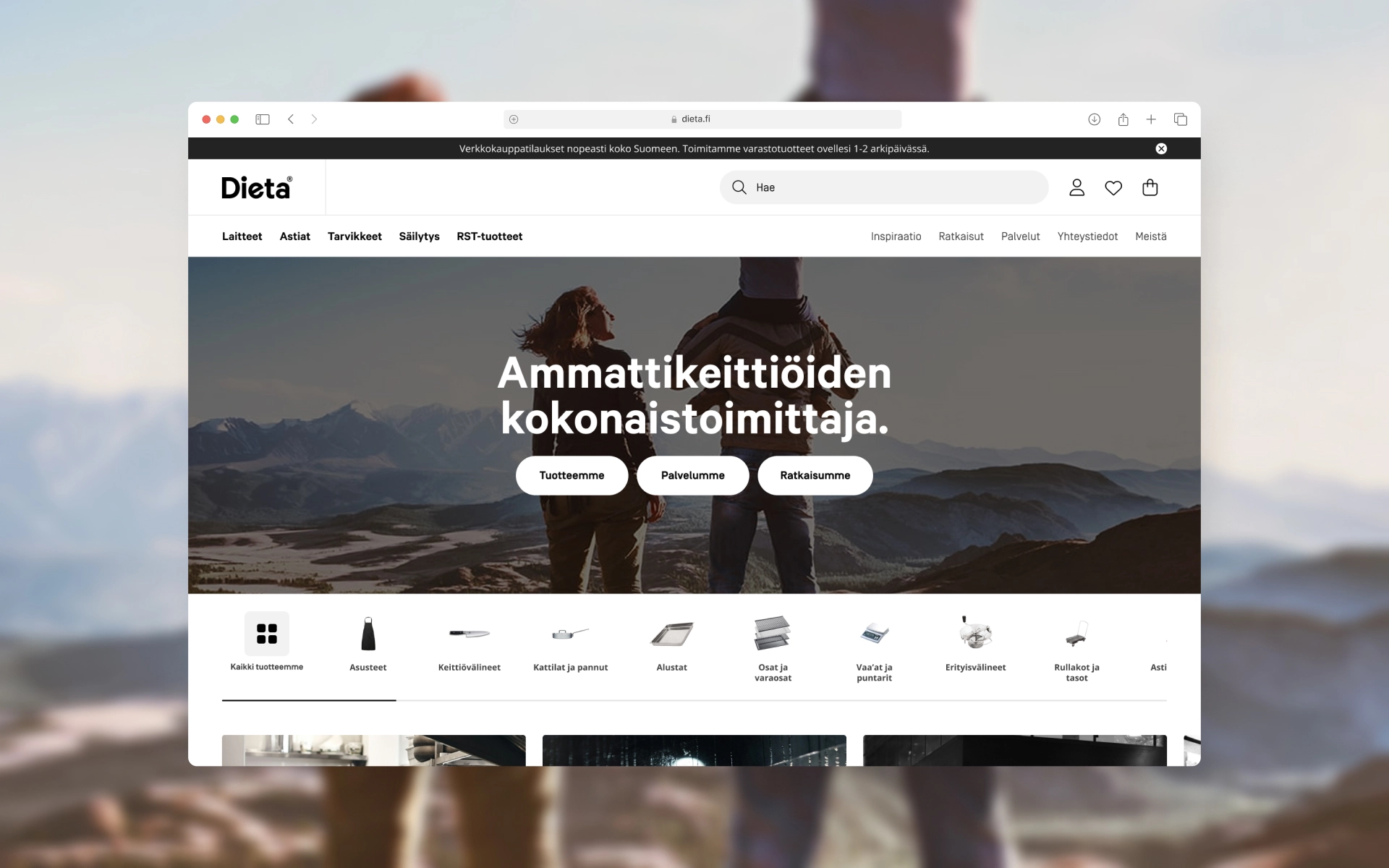 Front page of the Dieta b2b e-commerce website on desktop browser