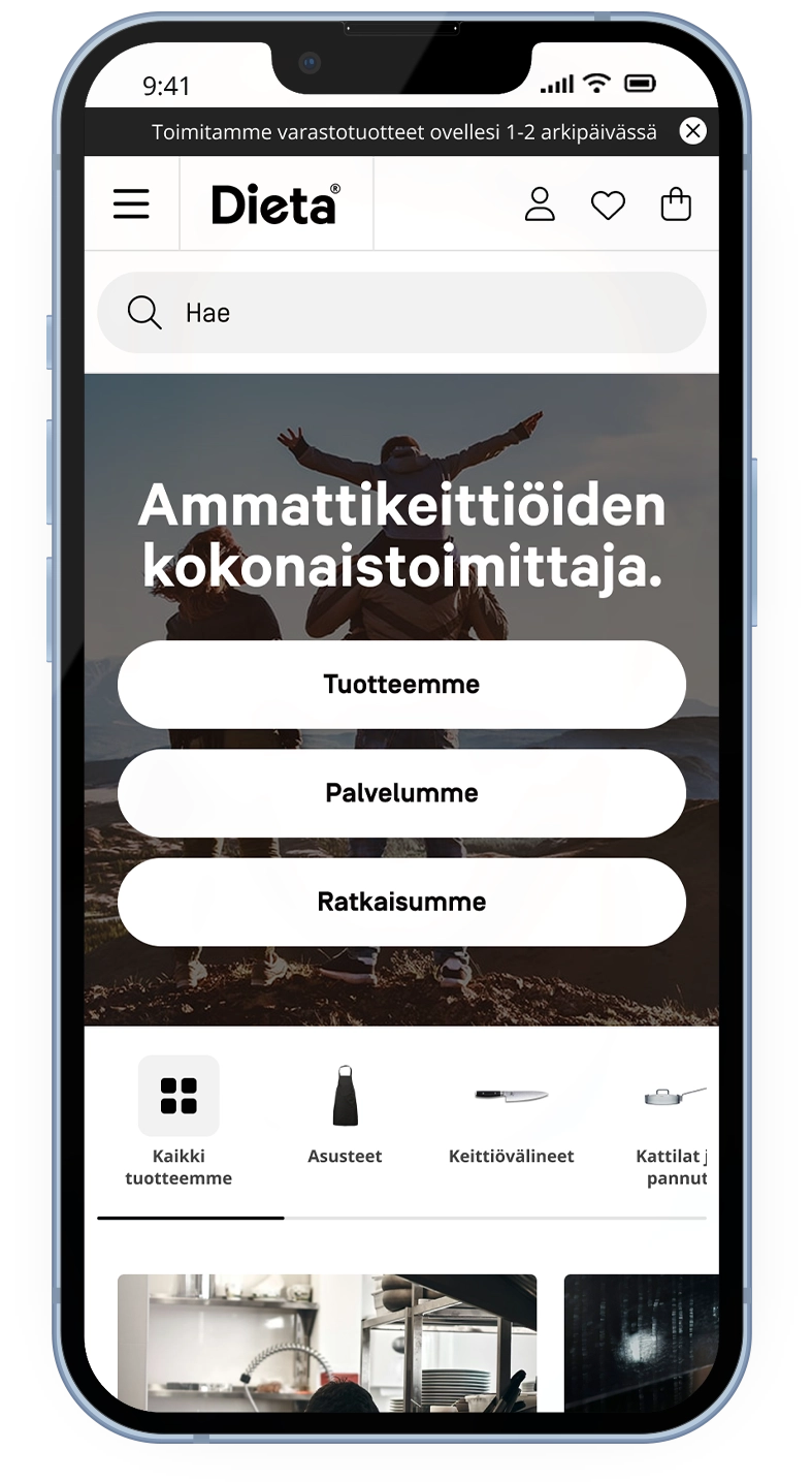 Front page of the Dieta b2b e-commerce website on mobile browser