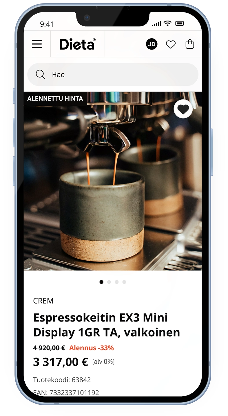 A single product on the Dieta b2b e-commerce website on a mobile device