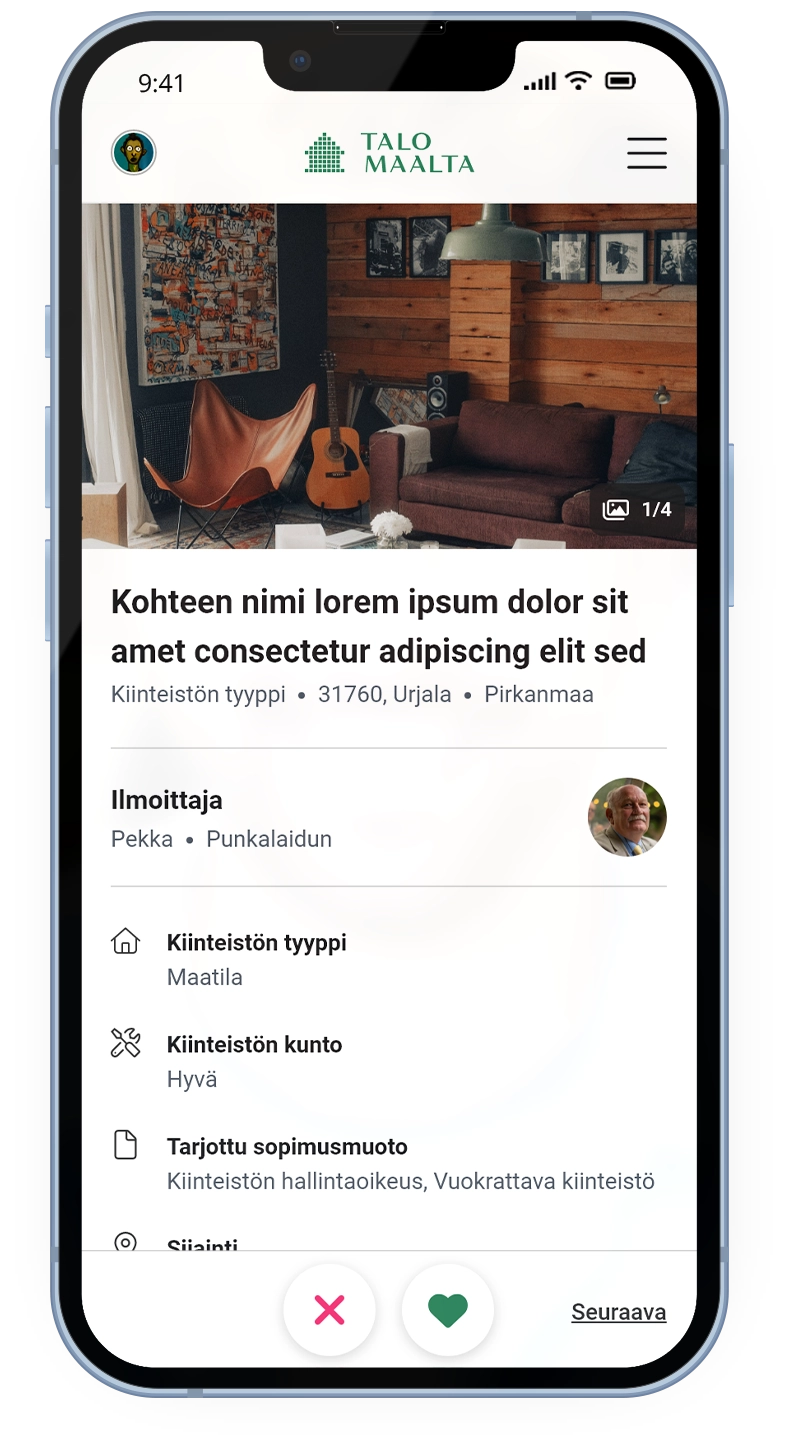 Mobile mockup of the Talo Maalta user created annoucement page