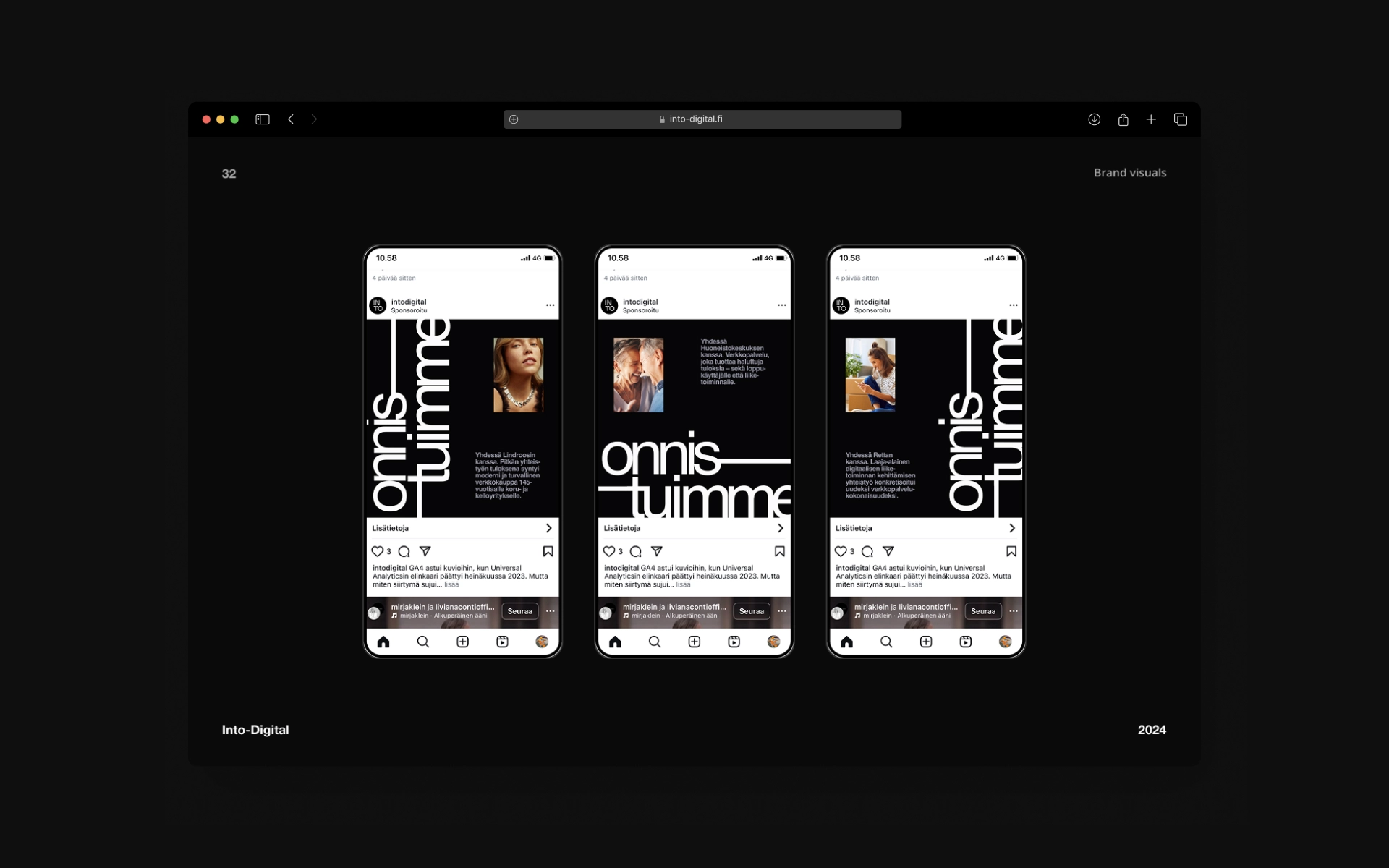 A slide out of the Into-Digital visual brand guidelines manual with brand specific social ad banner layouts