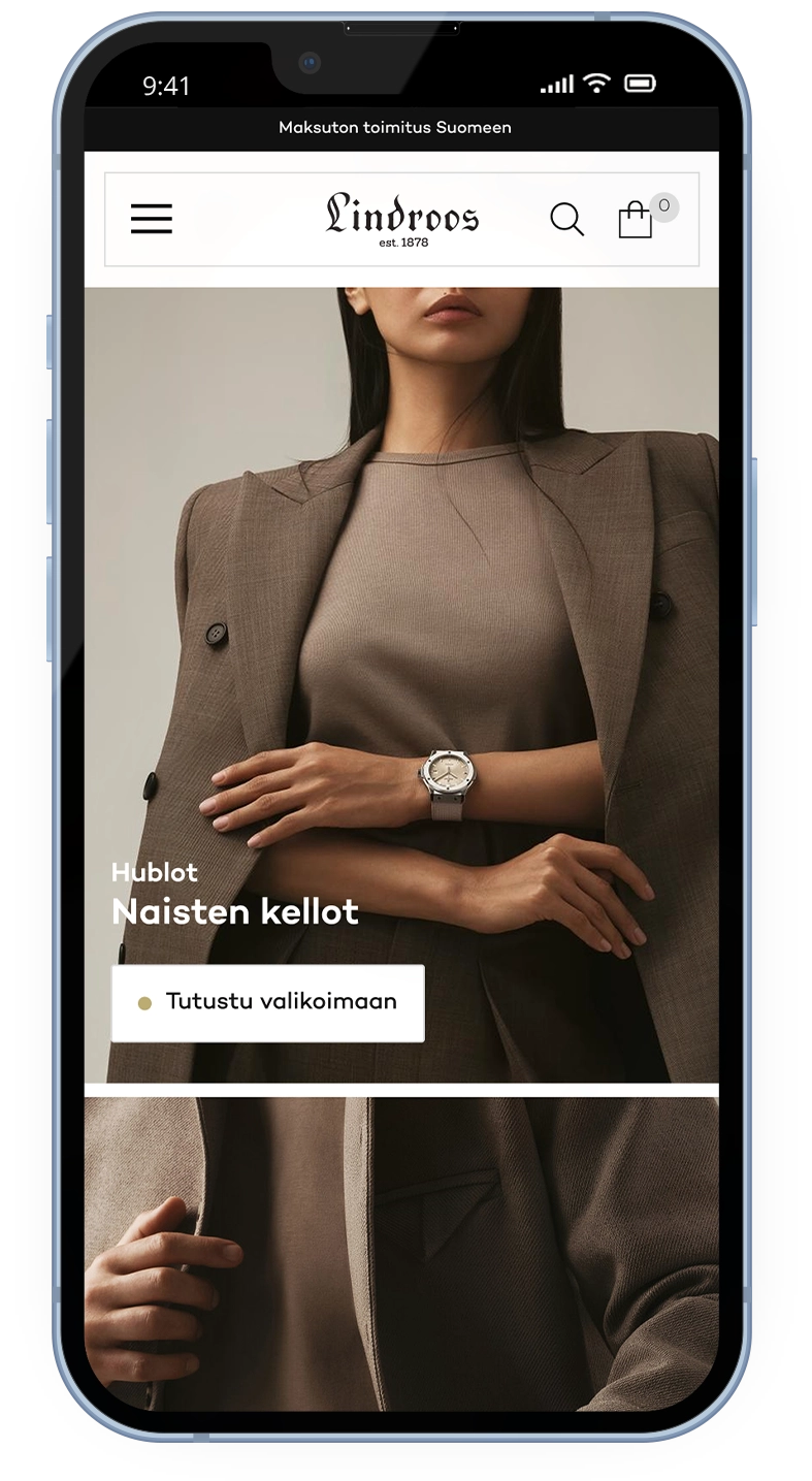 Front page of the Lindroos e-commerce website on mobile