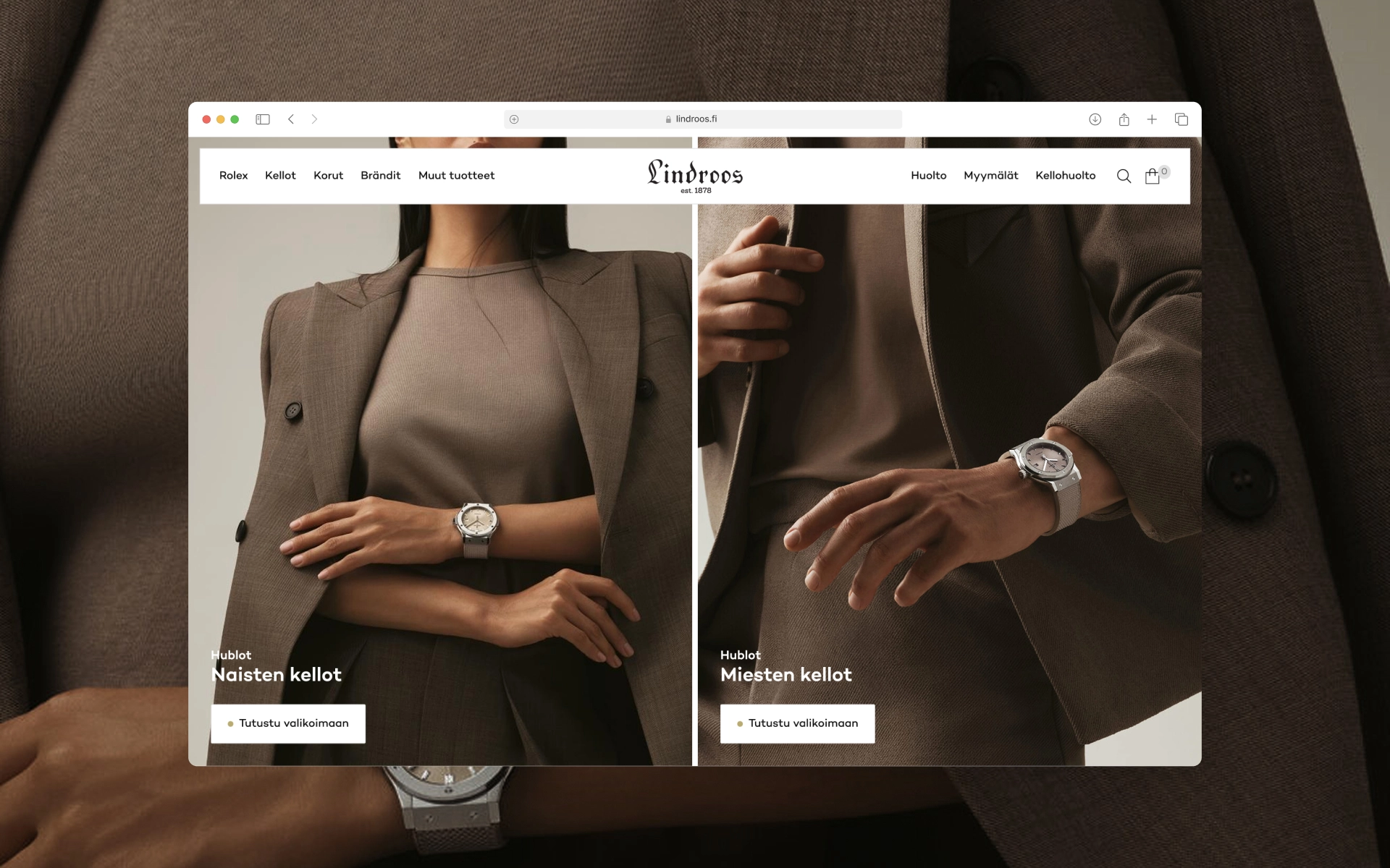 Front page of the Lindroos e-commerce website in a desktop browser