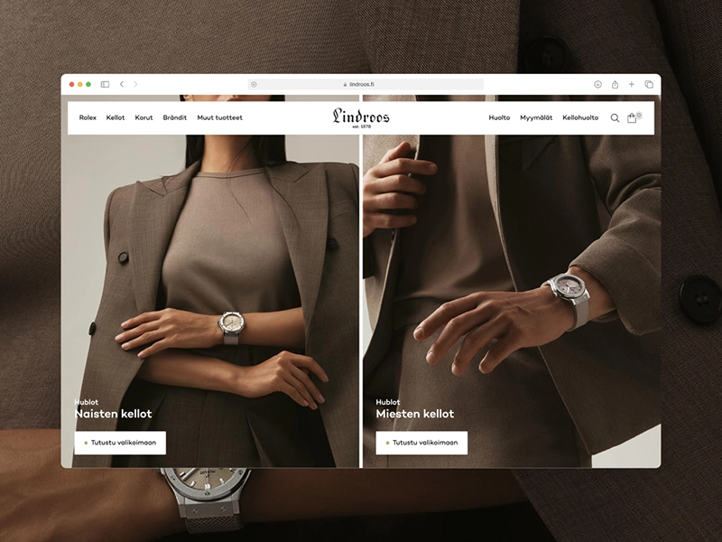 Front page of the Lindroos e-commerce website in a desktop browser