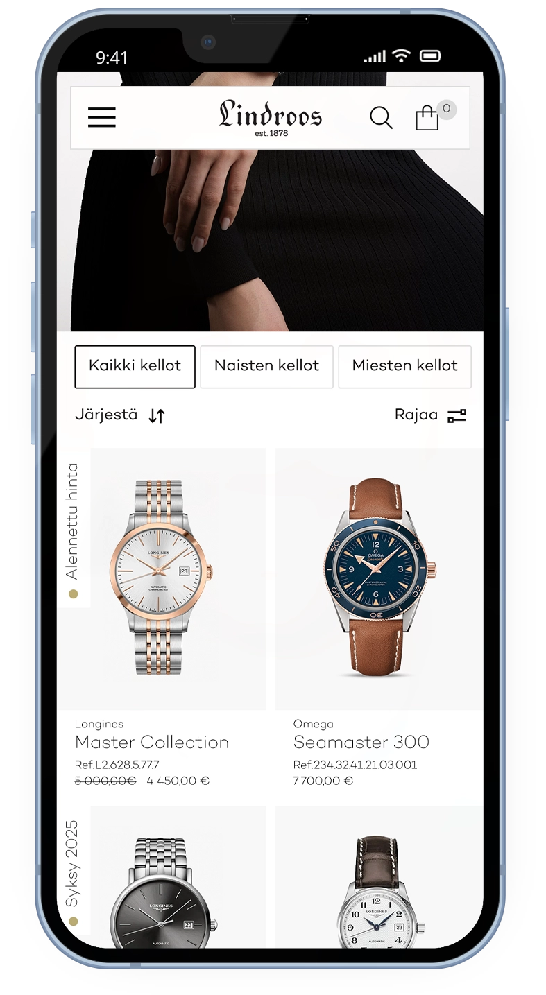 Type specific product catalogue of the Lindroos e-commerce website on mobile