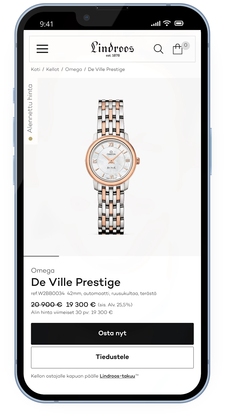 A product page on the Lindroos e-commerce website on mobile