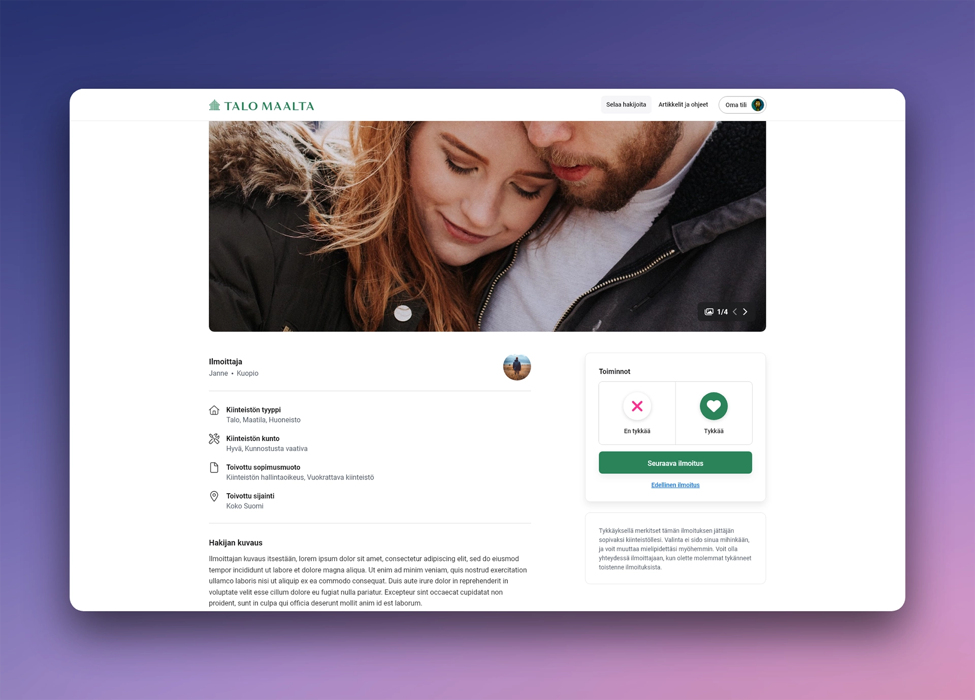 Layout image of the Talo Maalta user created announcement page
