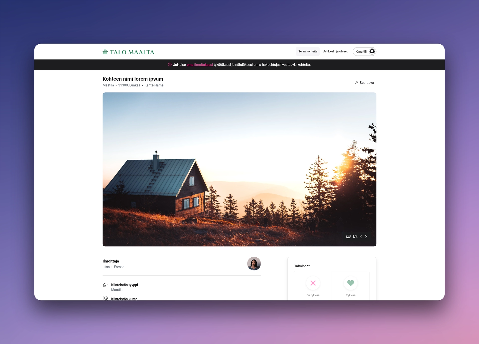Layout image of the Talo Maalta user created announcement