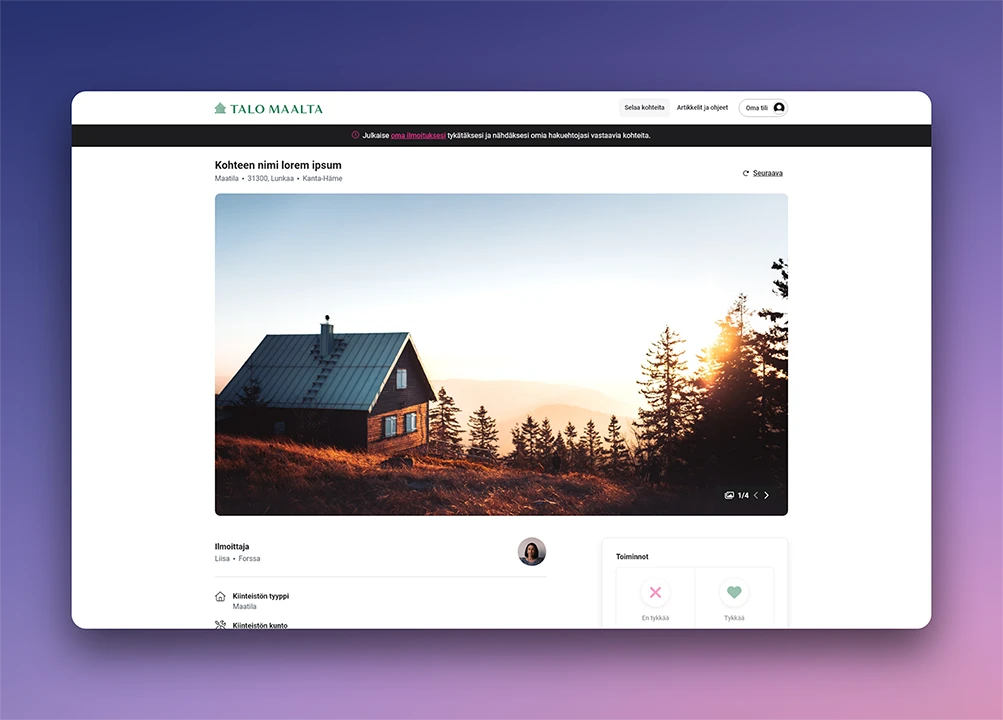 Layout image of the Talo Maalta user created announcement page