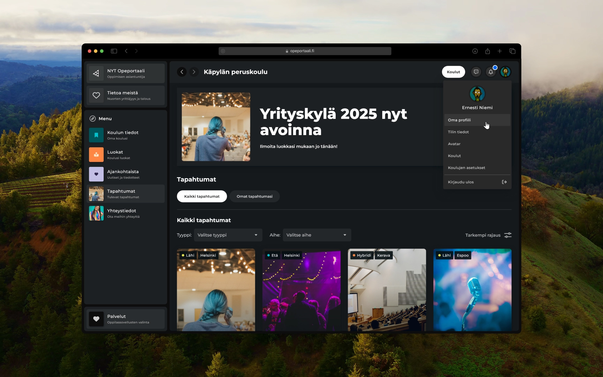 NYT Opeportaali school specific landing page on desktop browser window