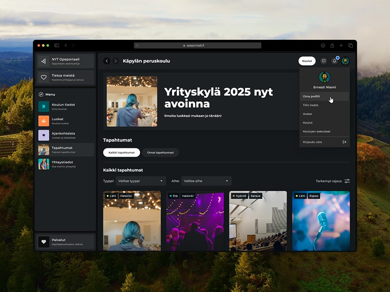 NYT Opeportaali school specific landing page on desktop browser window
