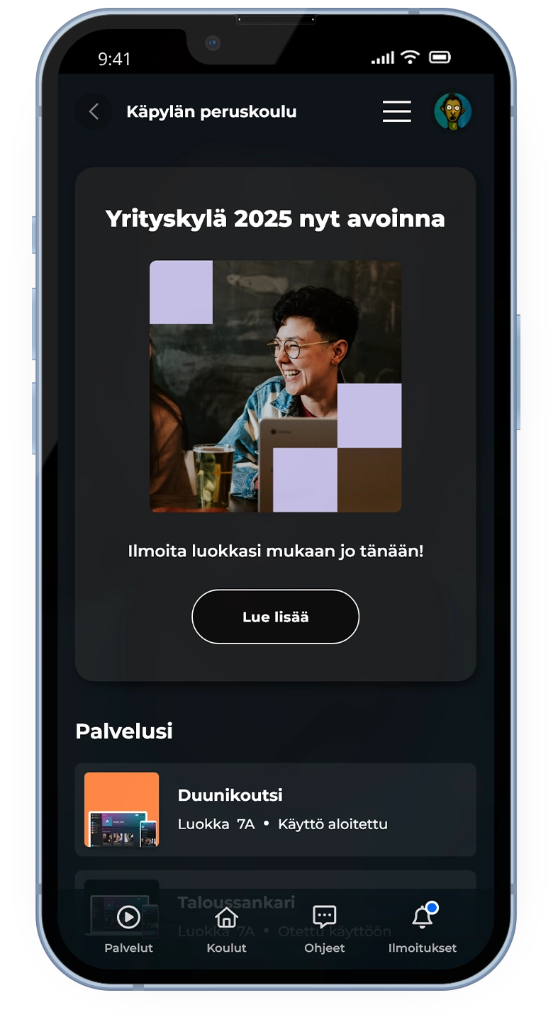 NYT Opeportaali school specific landing page on mobile browser window