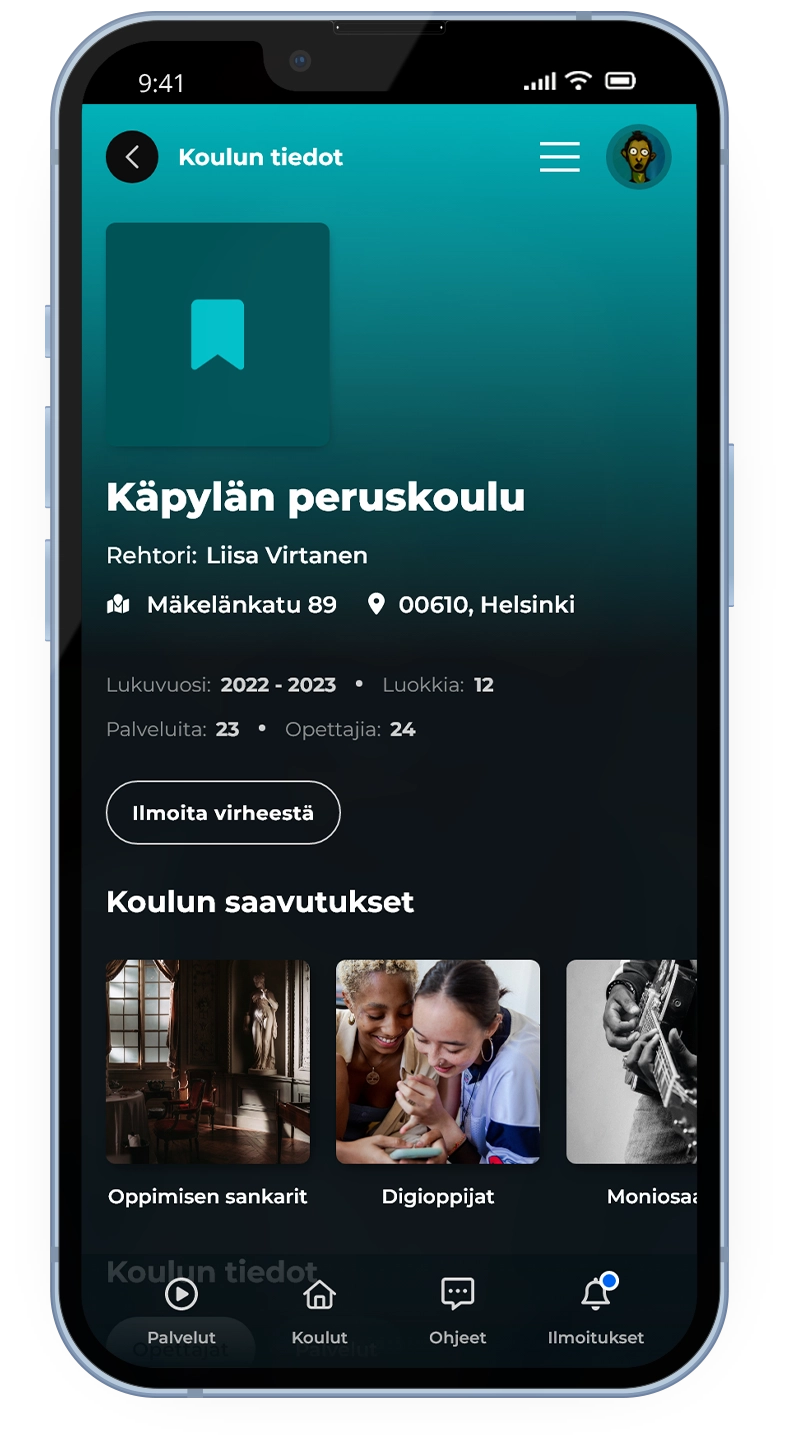 NYT Opeportaali school details on mobile