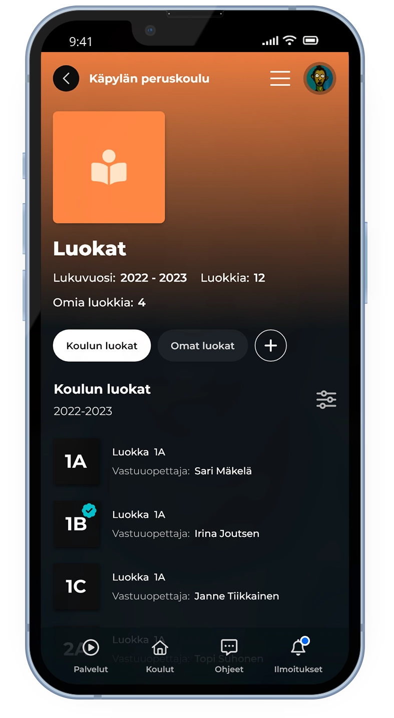 NYT Opeportaali student group list on mobile