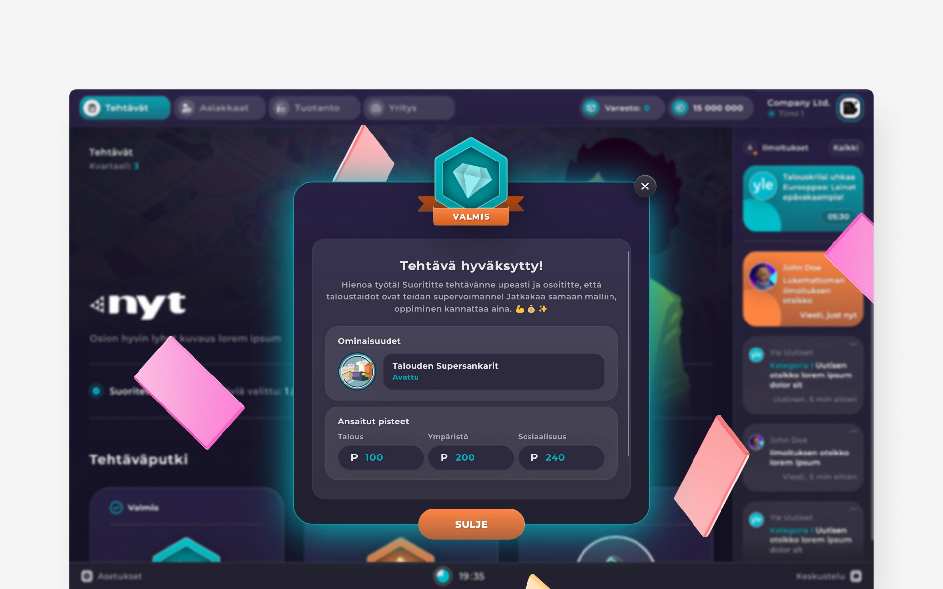 A success screen on NYT Yrityskylä, digital gamified learning platform