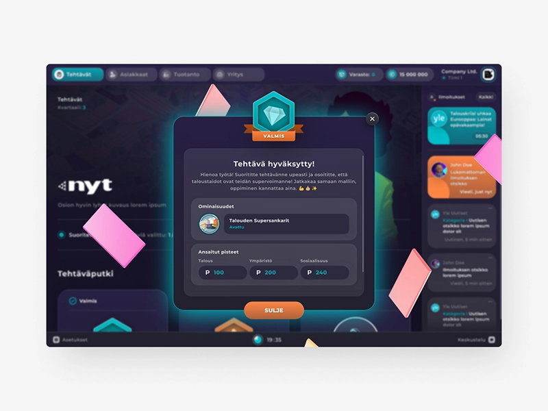 A success screen on NYT Yrityskylä, digital gamified learning platform